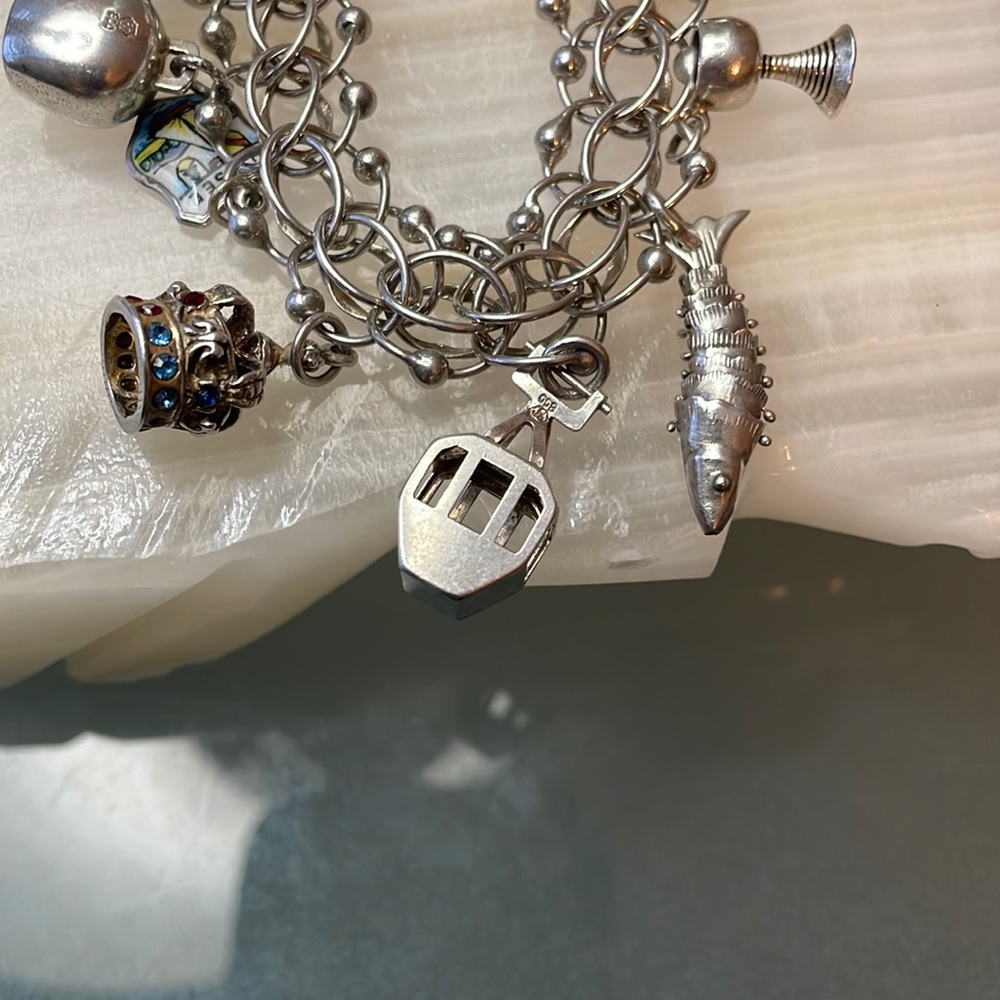 Vintage JB Sterling Silver Interwoven Link Bracelet with 14 European Charms 54g - Picture 5 of 17